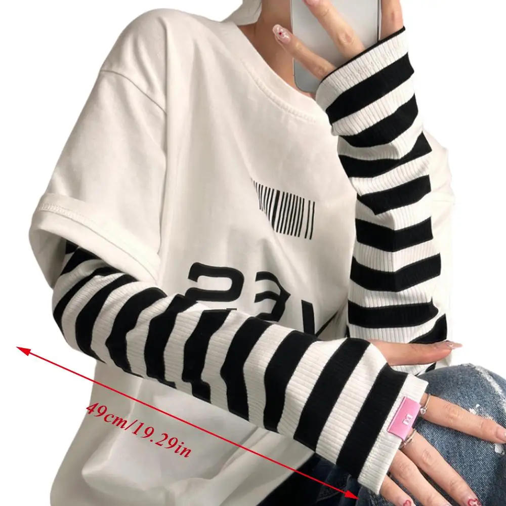 Summer Thin Loose Arm Sleeves Long Oversleeve Soft Arm Cover Sweet Stripe Decor Sunscreen Ice Silk Sleeve Y2K Fashion Gloves