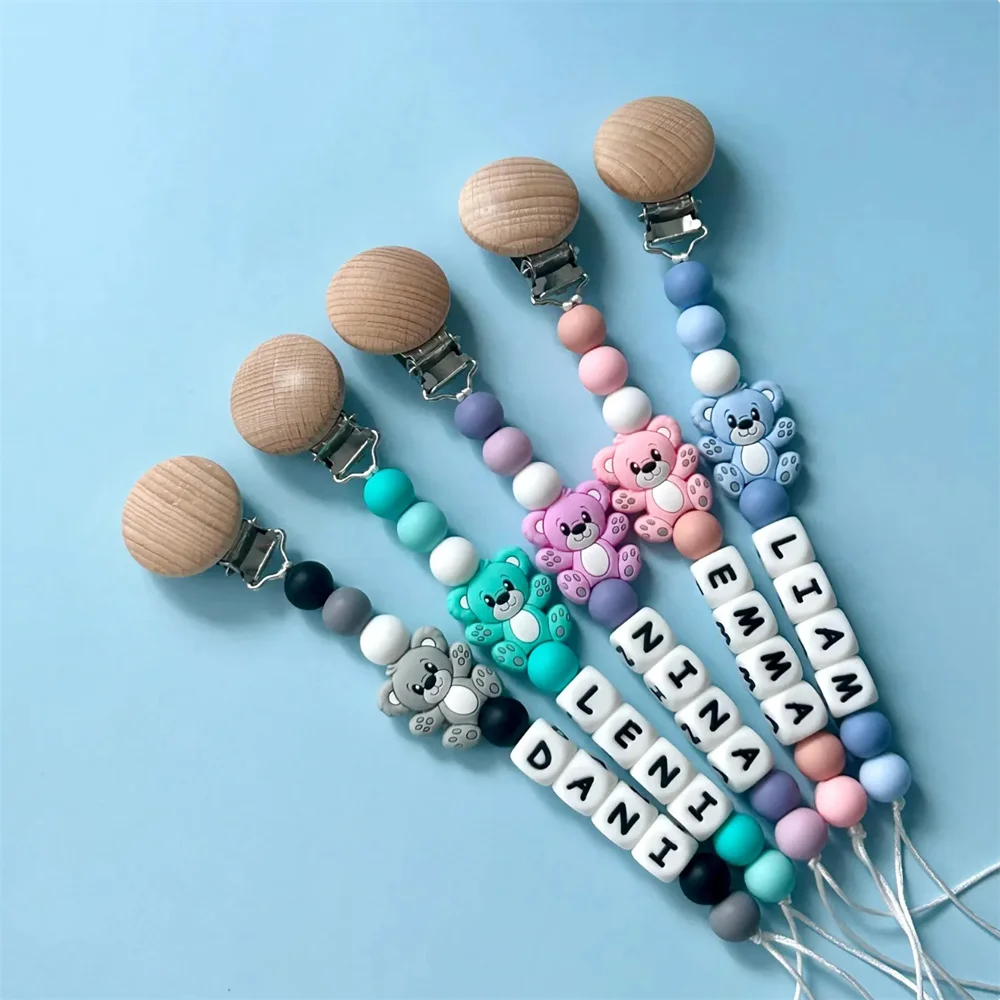 Personalized Silicone Beaded Pacifier Clips with Adorable Bear Charms