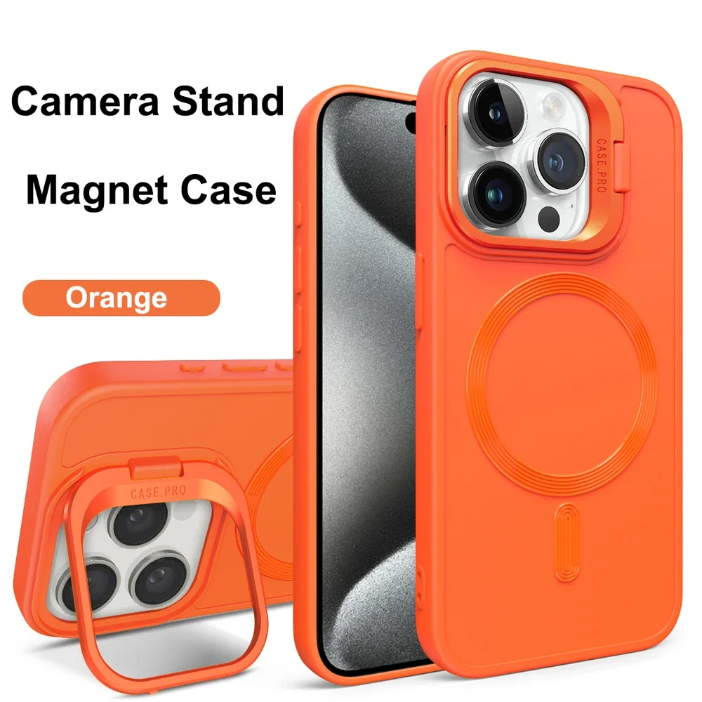 for iPhone 16 15 14 13 12 11 Pro Max Plus Case Magnet Magsafe Camera Holder Stand Soft Matte Wireless Charge Cover Shell Fundas