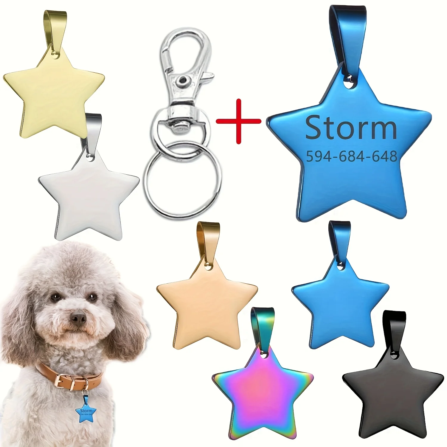 

1Pc【Customized】Personalized Name, Phone Number, Address, Star Pendant Dog Tag, Necklace DIY Engraving Tag Five-Pointed Star Jewelry Accessory, with Keychain