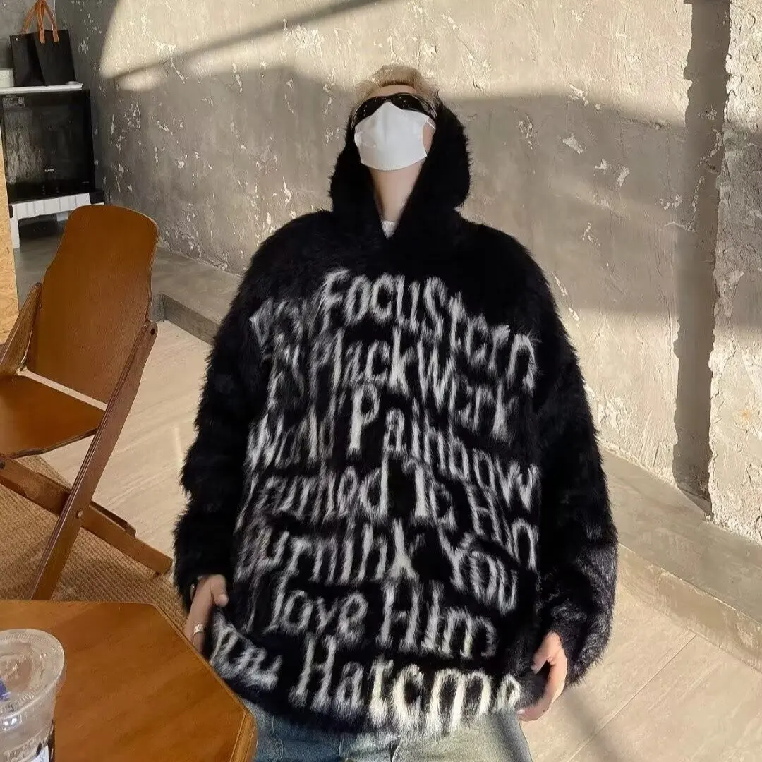 

American Sle Men's Hooded Mink Sweater Large Size 250 Pou Autumn Winter Knitted Fluffy Outerwear Casual Wear Polyester F...