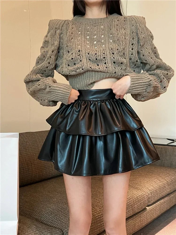 Ezgaga Sexy Skirts Women PU Leather High Waist Solid Autumn Winter Moto Biker Ruffles Puffy Layered Underskirt Ladies Mini Skirt