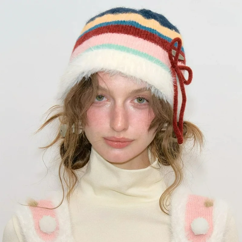 Autumn Winter Retro Design Women's Hat Striped Splicing Cute Bow Sweet Cool Warm Plush Hats Ladies Versatile Accessories New