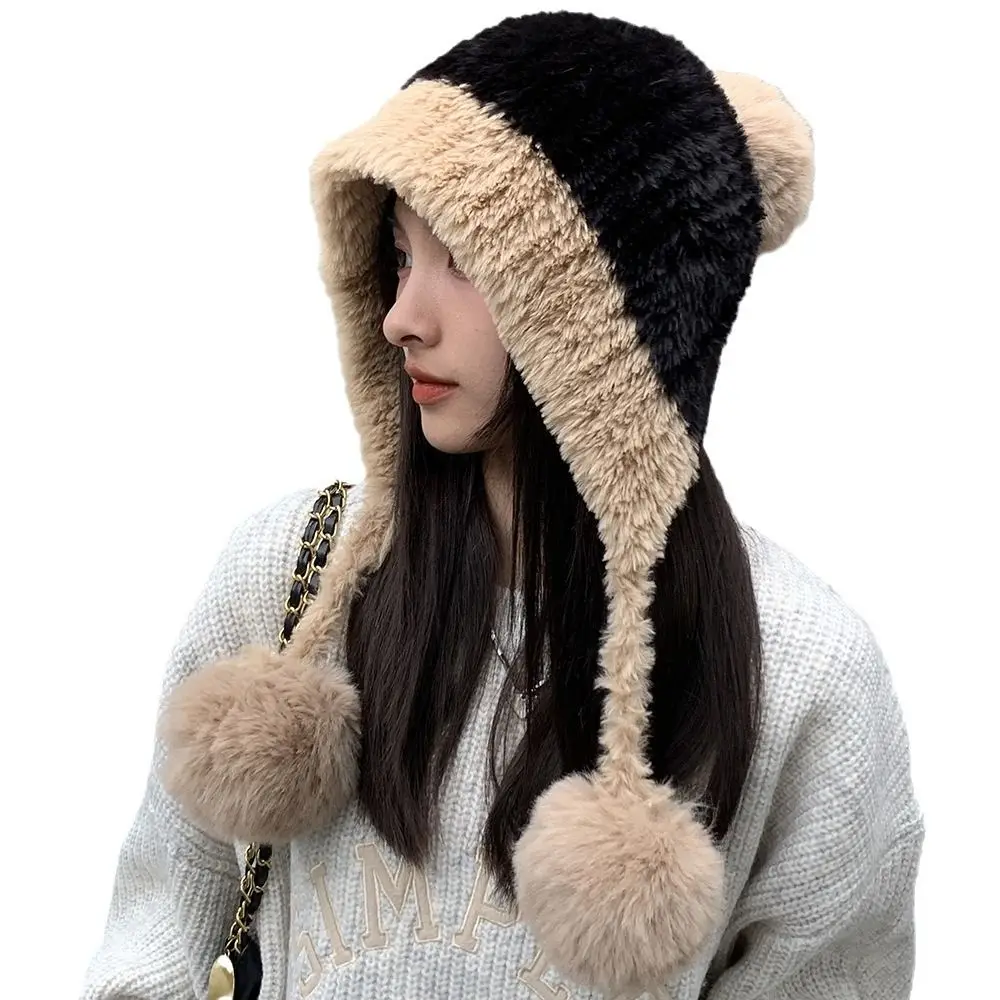 Big Head Circumference Plush Ear Protection Cap Keep Warm Fluffy Knitted Beanie Cap Splicing color Thicken Woolen Pullover Hat