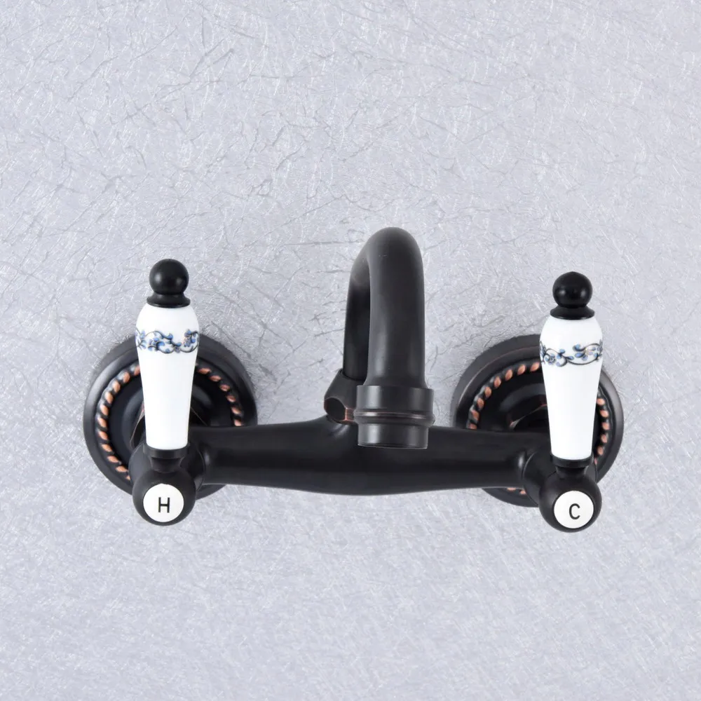 

Black Oil Rubbed Brass Dual Handles Wall Mounted Kitchen Bathroom Swivel Spout Faucet Mixer Tap asf747