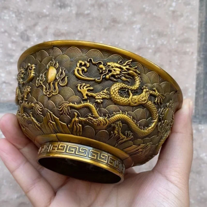 

Antique Relief Double Dragon Playing with Pearl Bowl Copper Bowl Home Decor Ornament Craft Bowl Ornament