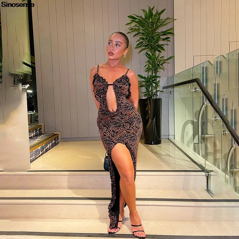 Elegantes Abendparty-Cocktailkleid für Damen, sexy, ärmellos, ausgeschnittener, figurbetontes Urlaubskleid mit geteiltem Saum, glitzerndes Nachtclub-Maxikleid