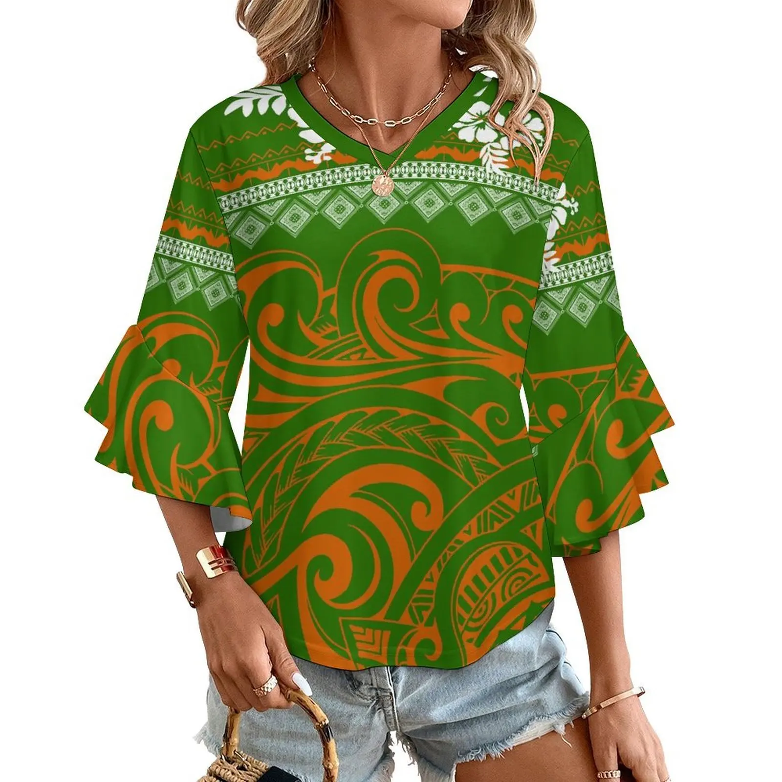 

Lightweight Polynesian Samoa Customizable V Neck Ruffle Sleeve Women Top YearRound Resort Vacation Essential