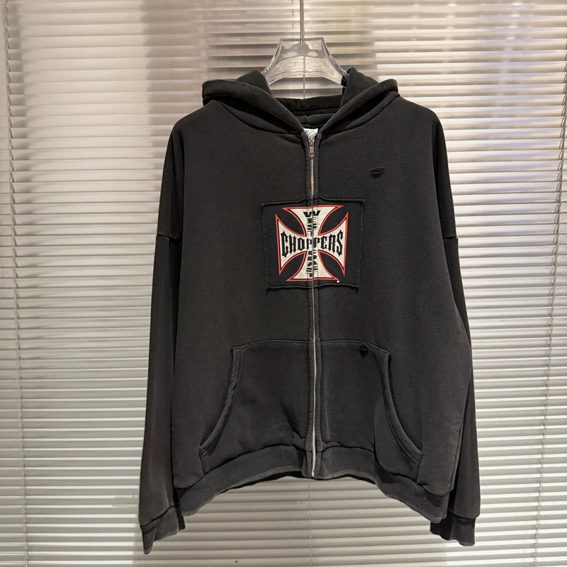 Retro West Coast Choppers Sweatshirts Winter Keep Warm Embroidered Patch Crack Print Heavy Fabric Do Old Shabby Design Hoodie