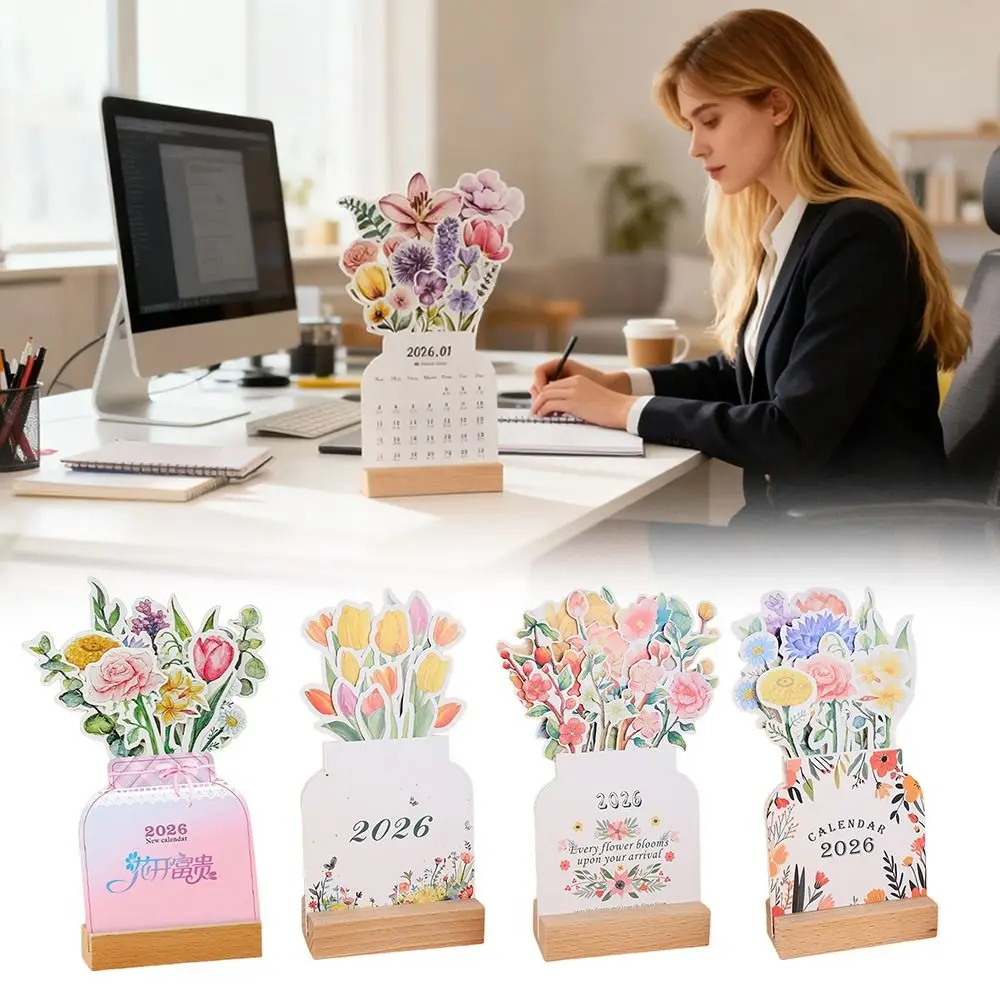 

Wooden Base 2026 Desktop Calendar Detachable Base Floral Theme Monthly Planner DIY Date Display Bloomy Flowers Desk Calendar