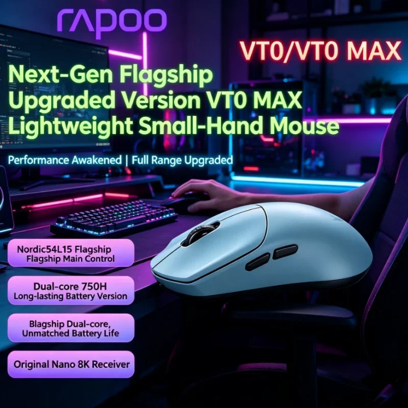 Ergonomic FPS Gaming Mouse Rapoo VT0 MAX Wireless PAW3950 PAW3398 Nordic54L15 Chip Dual 8KHz 45000DPI for PC Gamer