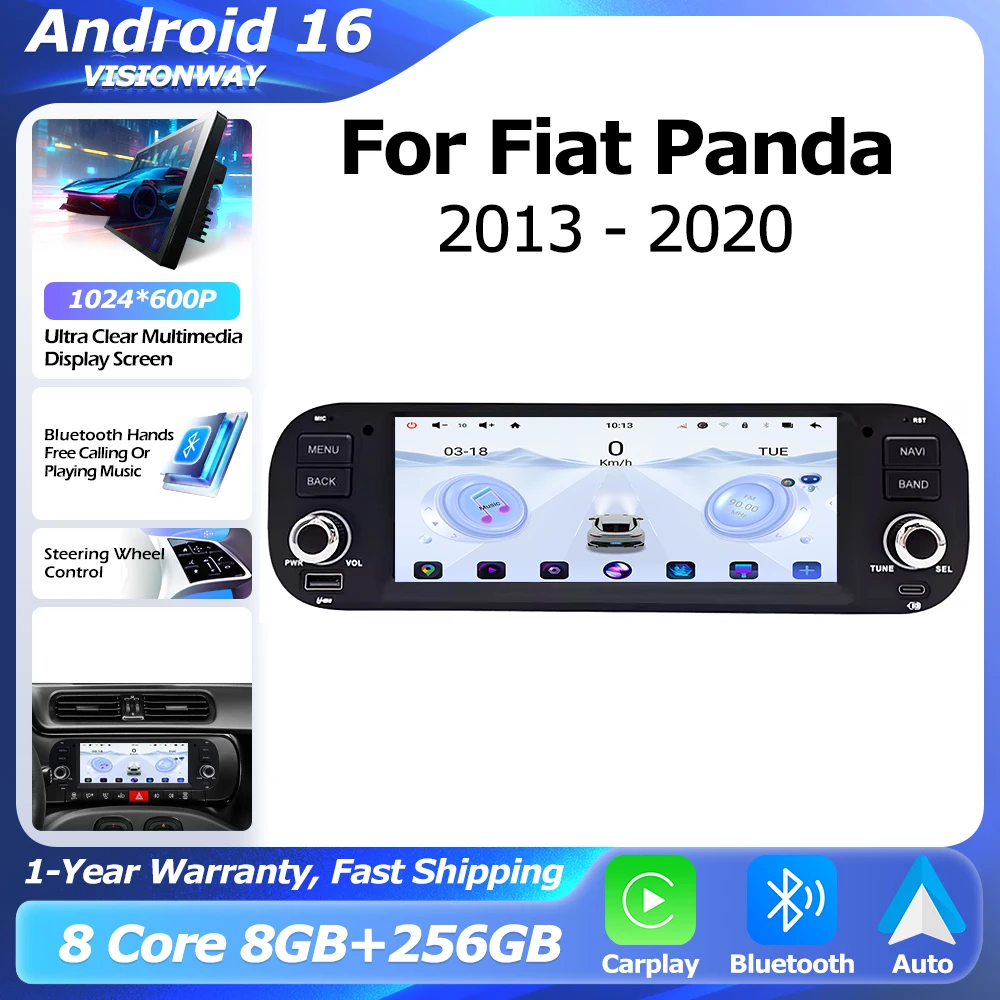 6.86 inch For Fiat Panda 2013-2020 Car Radio GPS Navigation Android 16 Wireless CarPlay Lntelligent Multimedia Player Auto