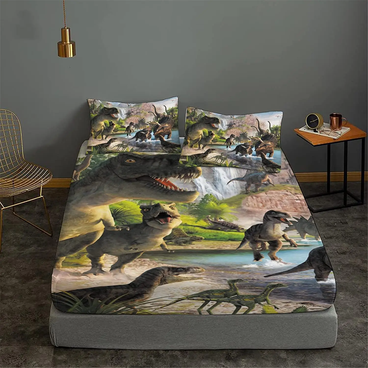 Dinosaurs Bed Sheets Set for Boys 3D Realistic Dinosaur Green Fitted Sheets Set Kids Adults Teens Bedroom 3pcs Bedding Sheet Set