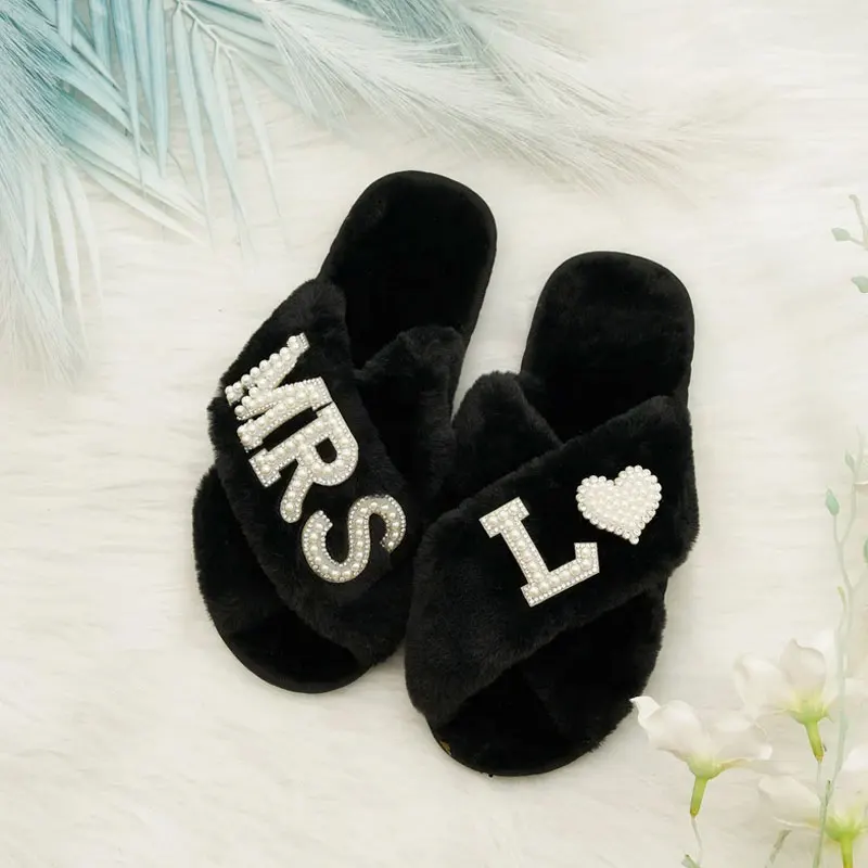 

Personalized Slippers MRS A-Z Bridesmaid Bride Fluffy Slipper Gifts Bachelorette Mother's Day Honeymoon Peal Rhinestone Slippers