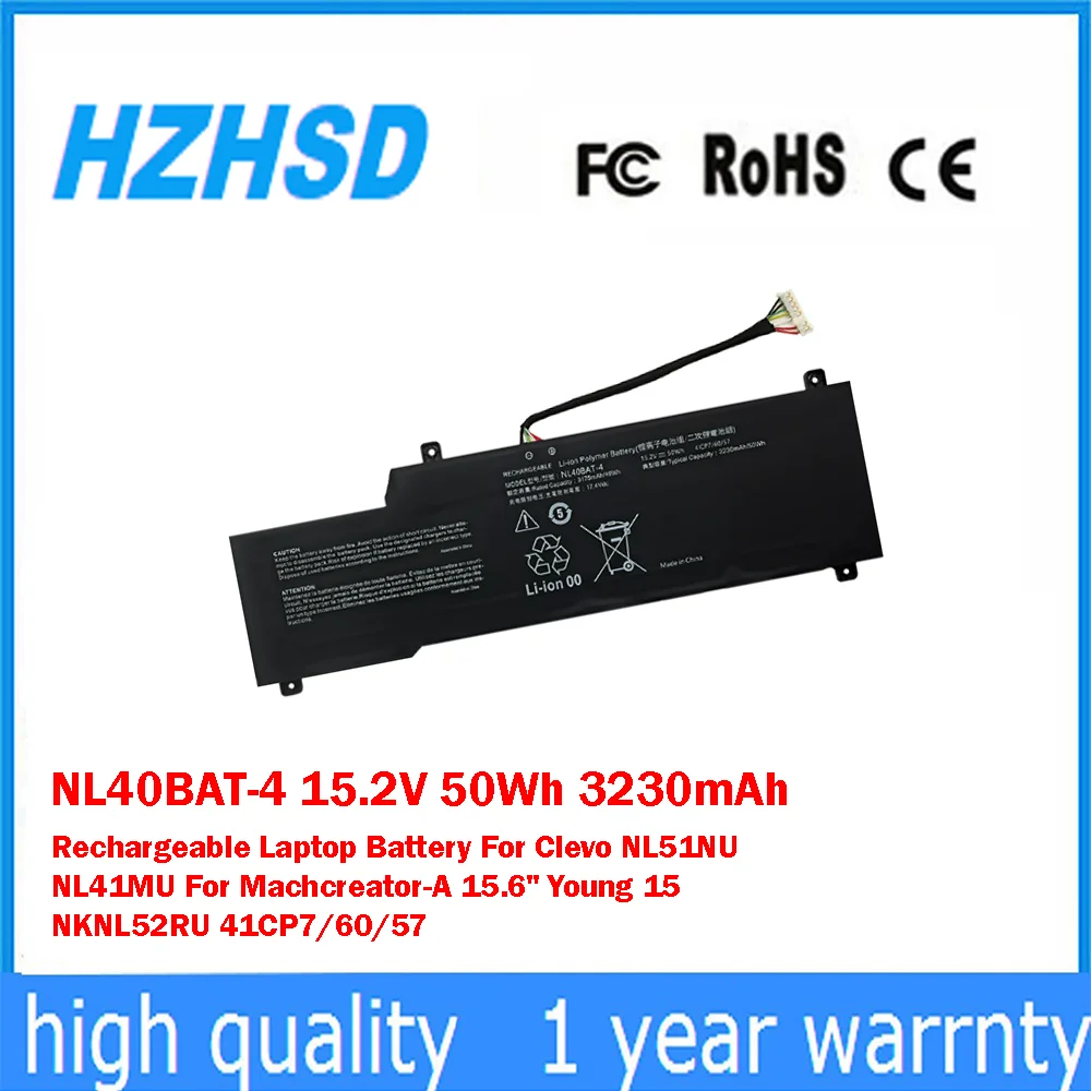 

NL40BAT-4 15.2V 50Wh 3230mAh Rechargeable Laptop Battery For Clevo NL51NU NL41MU For Machcreator-A 15.6" Young 15 NKNL52RU 41CP7