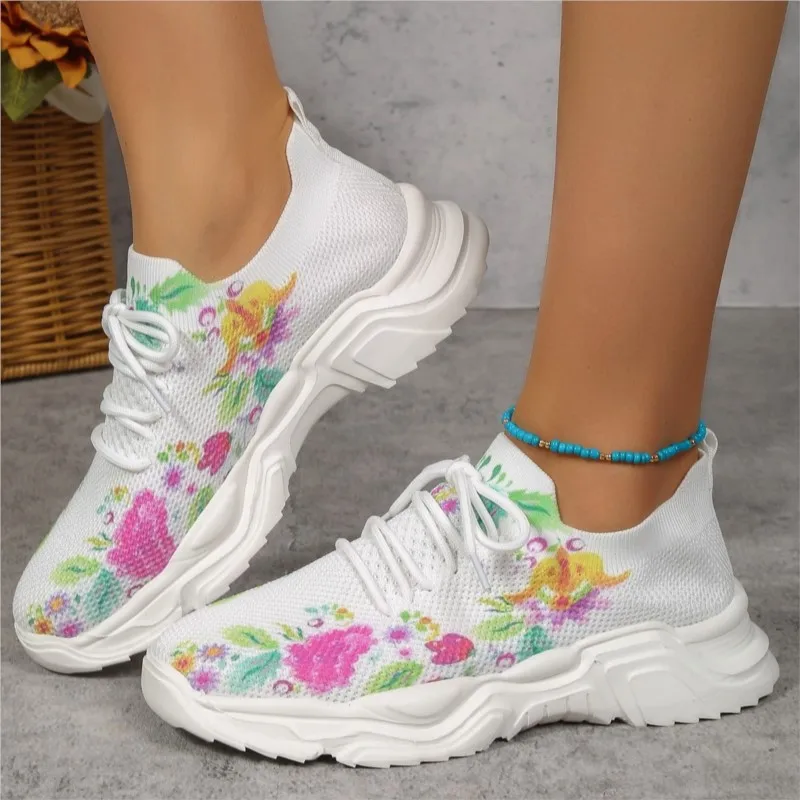 Casual flying woven thick sole sports shoes women's flat single large size mesh breathable lacing casual sneakers shoes  M1179