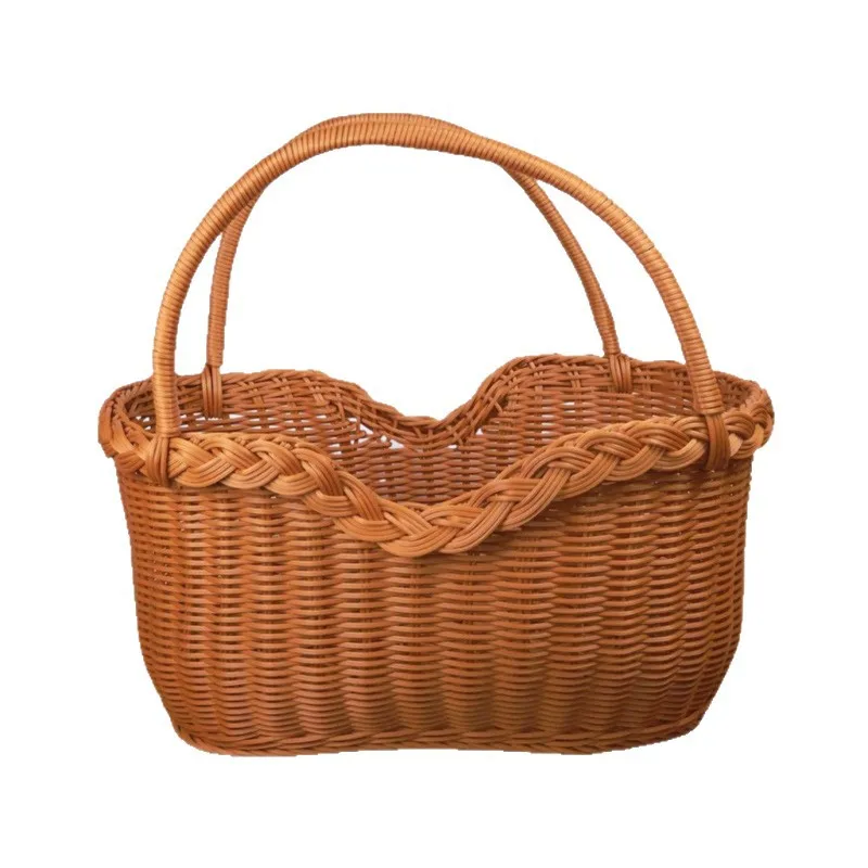 Handwoven Imitation Rattan Picnic Vegetable Shopping Harvest Basket Handle Rustic Style Portable Basket for Home Garden Decor view 4