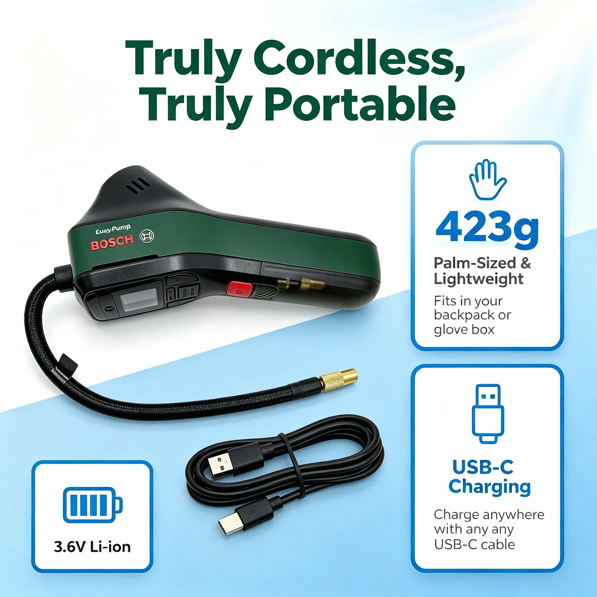 Bosch EasyPump Portable Air Compressor, 3Ah Rechargeable Battery Tire Inflator Compact Electric Air Pump for Car Bike Ball