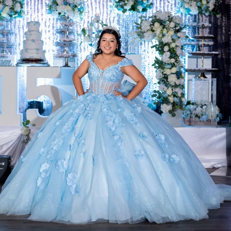 

Блестящее небесно-голубое платье Quinceanera с открытыми плечами, блестящая 3D цветочная наклейка, кружево с длинным хвостом и бантом, Vestidos De 15, Quinceanera ﻿ Настроить