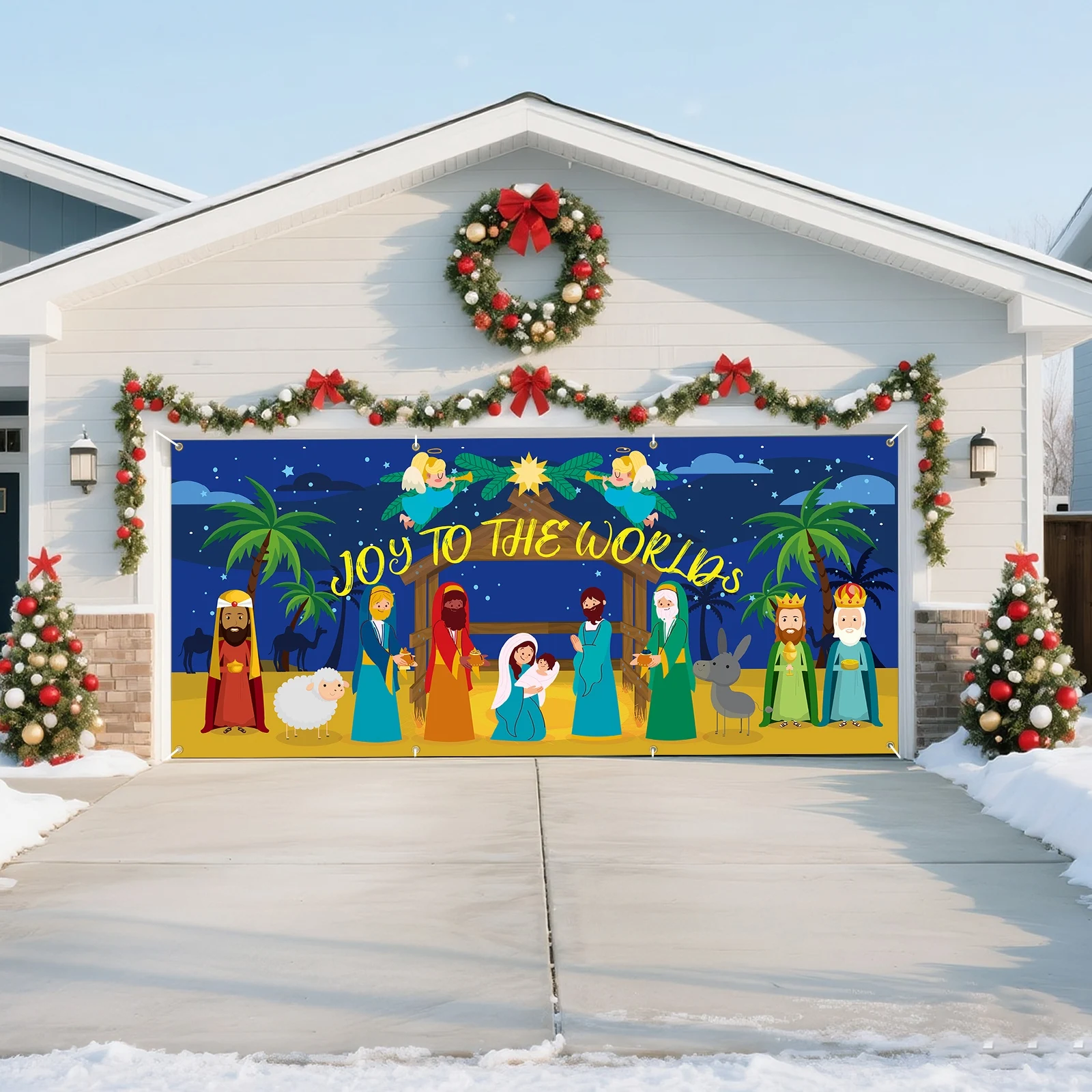 

Christmas Nativity Garaged Door Banner,7 x 16 Garage Door Banner Christmas Decorations,Large Christmas Garage Door Decors Jesus