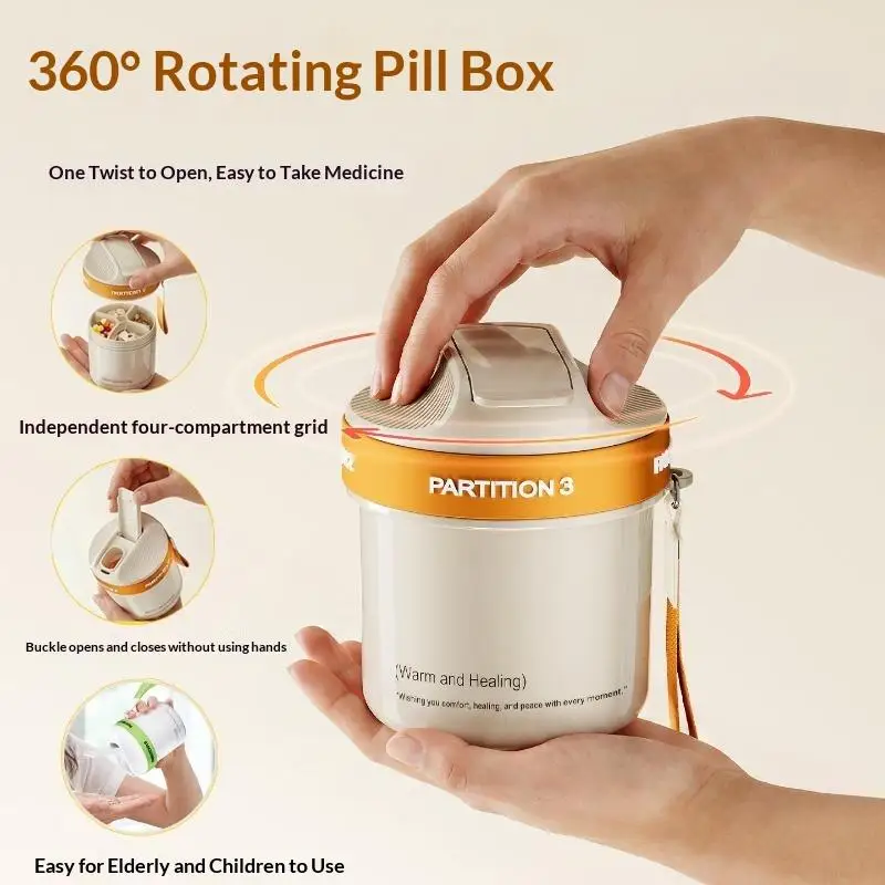 4Grids Rotating Partition Portable Pill Box With Lanyard,Large Capacity Privacy Case For Outdoor Business Trip Daily Supplement