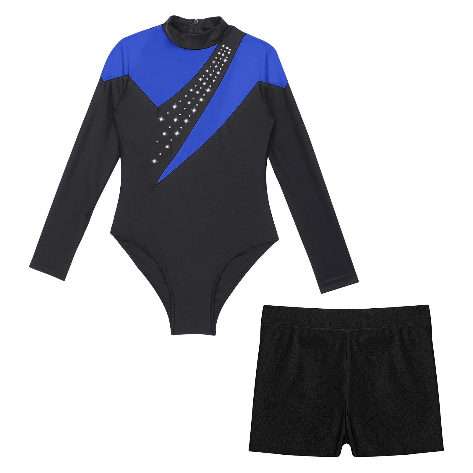 Girls Gymnastic Ballet Leotards Dancewear Long Sleeve Shiny Leotard Tights Jumpsuit with Shorts Figure Skating Dance Costume