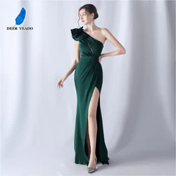 DEERVEADO One Shoulder Soft Satin Evening Dress for Woman Sexy Slit Party Maxi Dress Candy Color Formal Dress Long