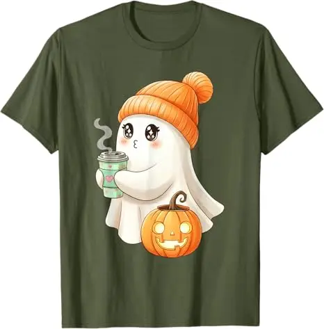 Cute Ghost Drinking Coffee Halloween Ghost Ice Coffee Woman T-Shirt Y2k Art Funny Spooky Season Apparel Aesthetic Clothes Tees
