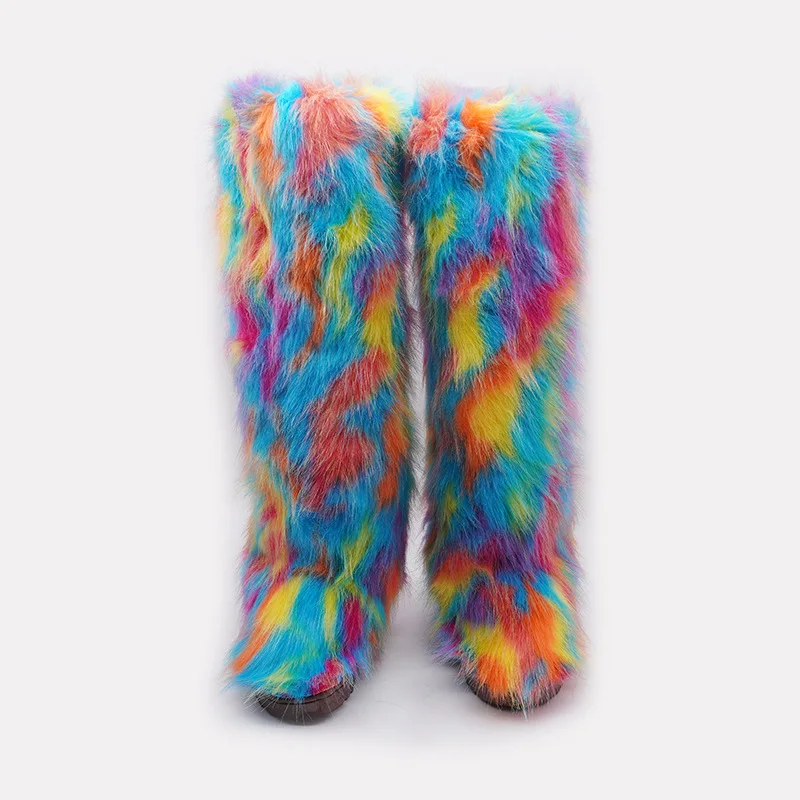 2024 Winter Thigh High Fluffy Boots Ladies Furry Faux Fox Fur Long Warm Shoes Women New Designer Plush Knee High Fur Boots Girls