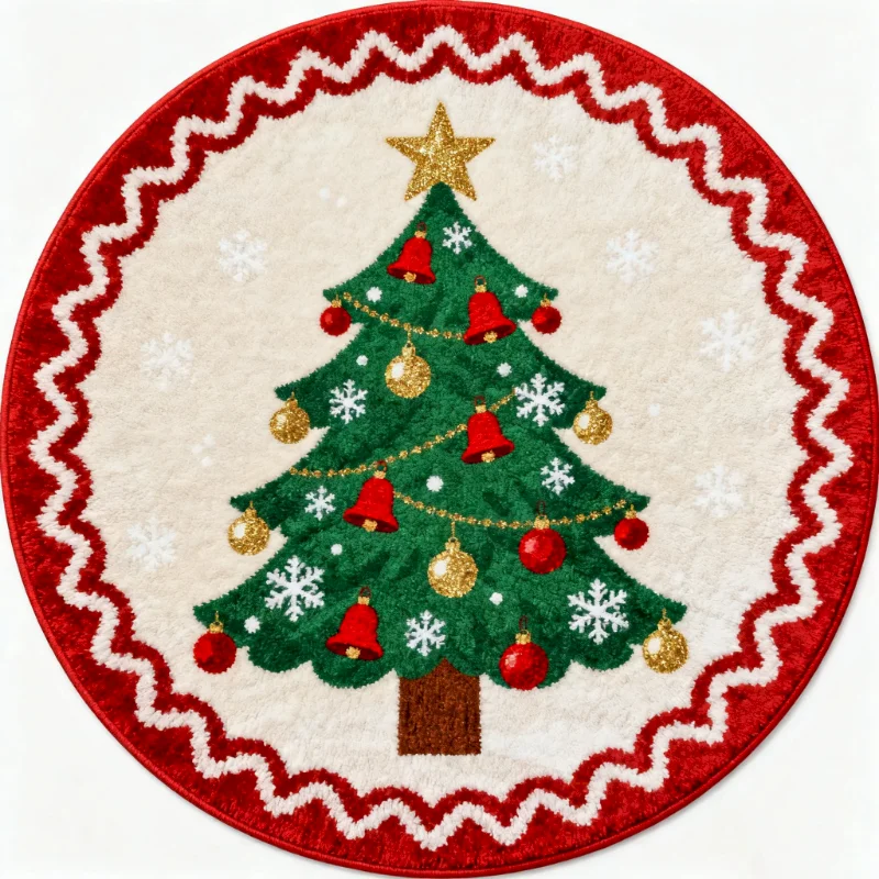 VIKAMA Christmas Round Rug Soft Plush Shaggy Non Slip Washable Green Xmas Tree Lights Sleigh Gifts Decors Home