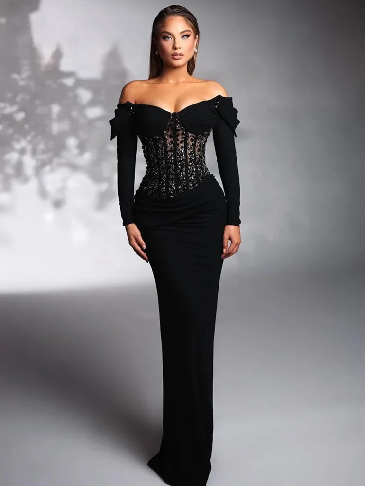 Women Celebrity Sexy Crystal Off Shoulder Velvet Black Maxi Long Dress 2024 Elegant Party Evening Stage Performance Vestido