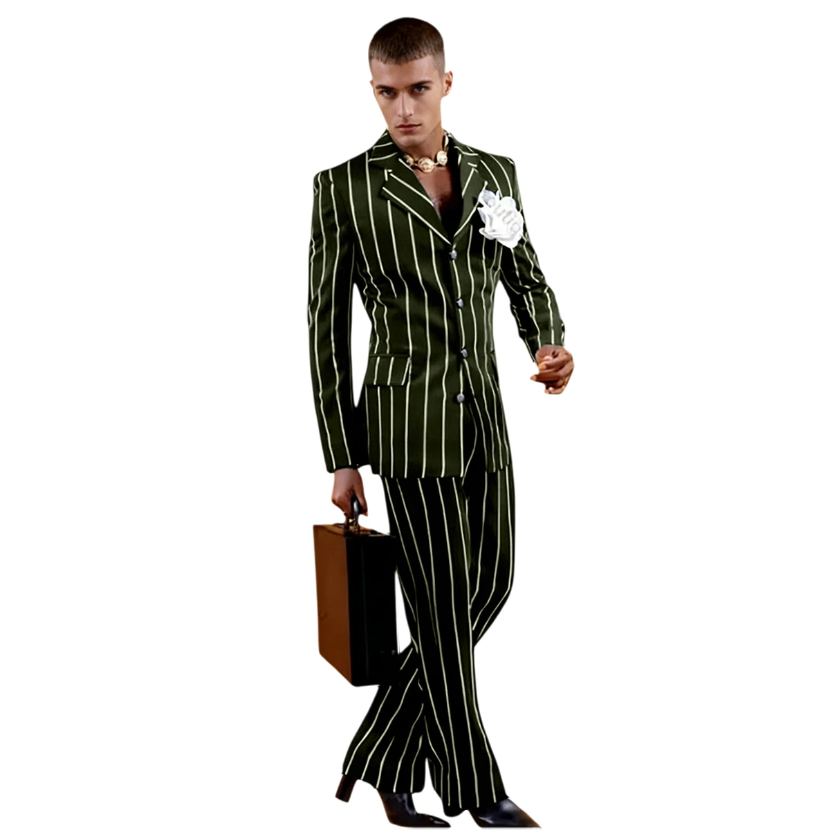 Vintage Men's Striped Suit 2 Pieces Slim Fit Notch Lapel Blazer & Flared Pants Fashion Pinstripe Blazer Trousers Formal Business