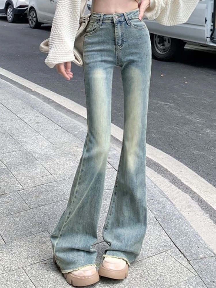 

Blue Harajuku Vintage Flare Pants Women Pockets Korean Fashion Slim Jeans Female High Waist Designer Elegant Pants 2023 Autumn