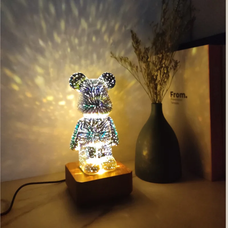3D Fireworks LED Night Light Bear Ambient Light 3 Color Changing Modes Desk Lamp with USB Bear Decor Room