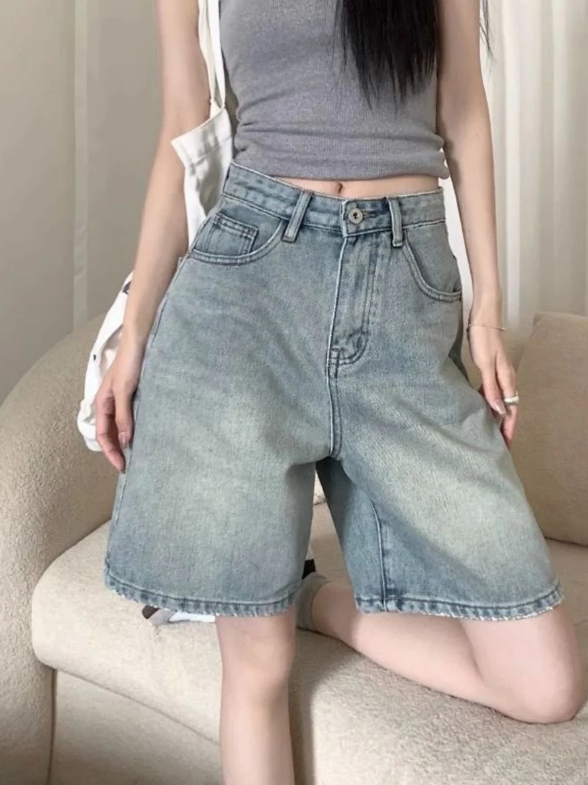 루즈 스트레이트 레그 파이브 쿼터 카우보이 진 하이 웨이스트 스트리트 슬레 캐주얼 팬츠 레귤러 얇은 여름 컬렉션