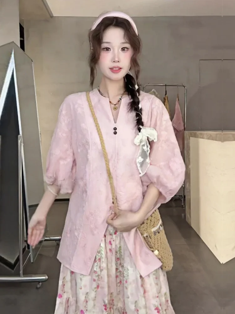 Novo chinês sle floral impressão blusa feminina rosa verão irt vintage faion svel redondo ne algodão casual topo