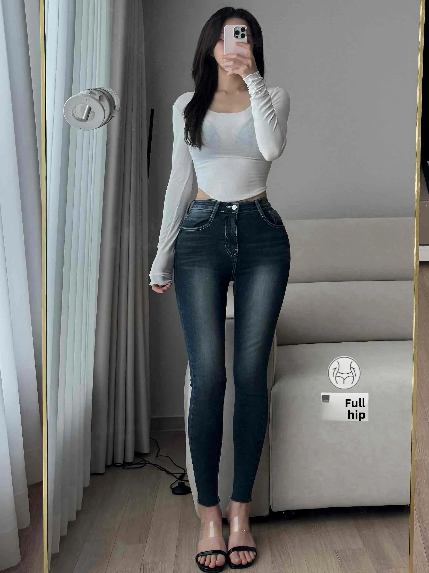 High Waist Slim Fit Denim Pants Women's Full Hip Nine Points Tight Jeans Stylish Zipper Closure Autumn Season Girls Fashion