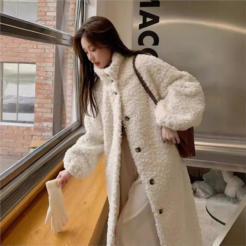 معطف جديد طويل الطول من الفرو المختلط والقطيفة بياقة واقفة وزر علوي ملابس عصرية #3