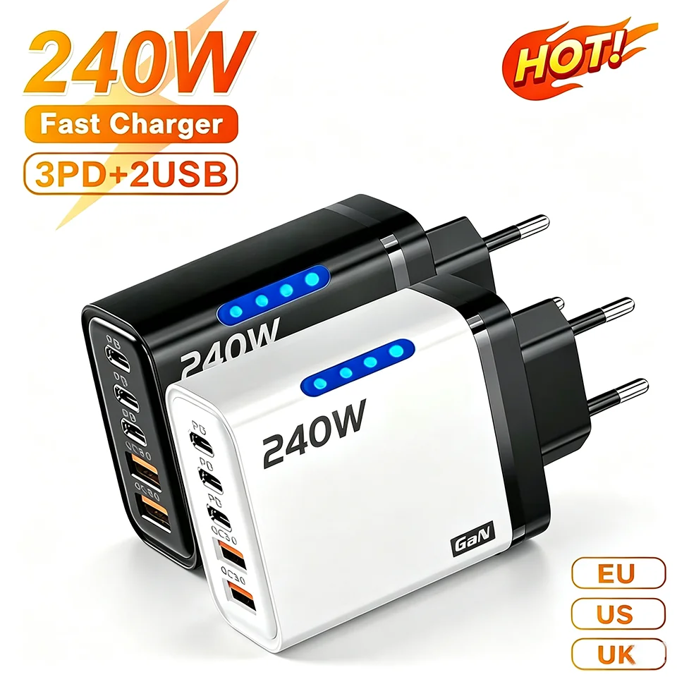 240W GaN 5 in 1 USB C Desktop Charger Fast Charger With Led Light Multi Port Phone Adapter For iPhone Xiaomi Samsung EU/US/UK