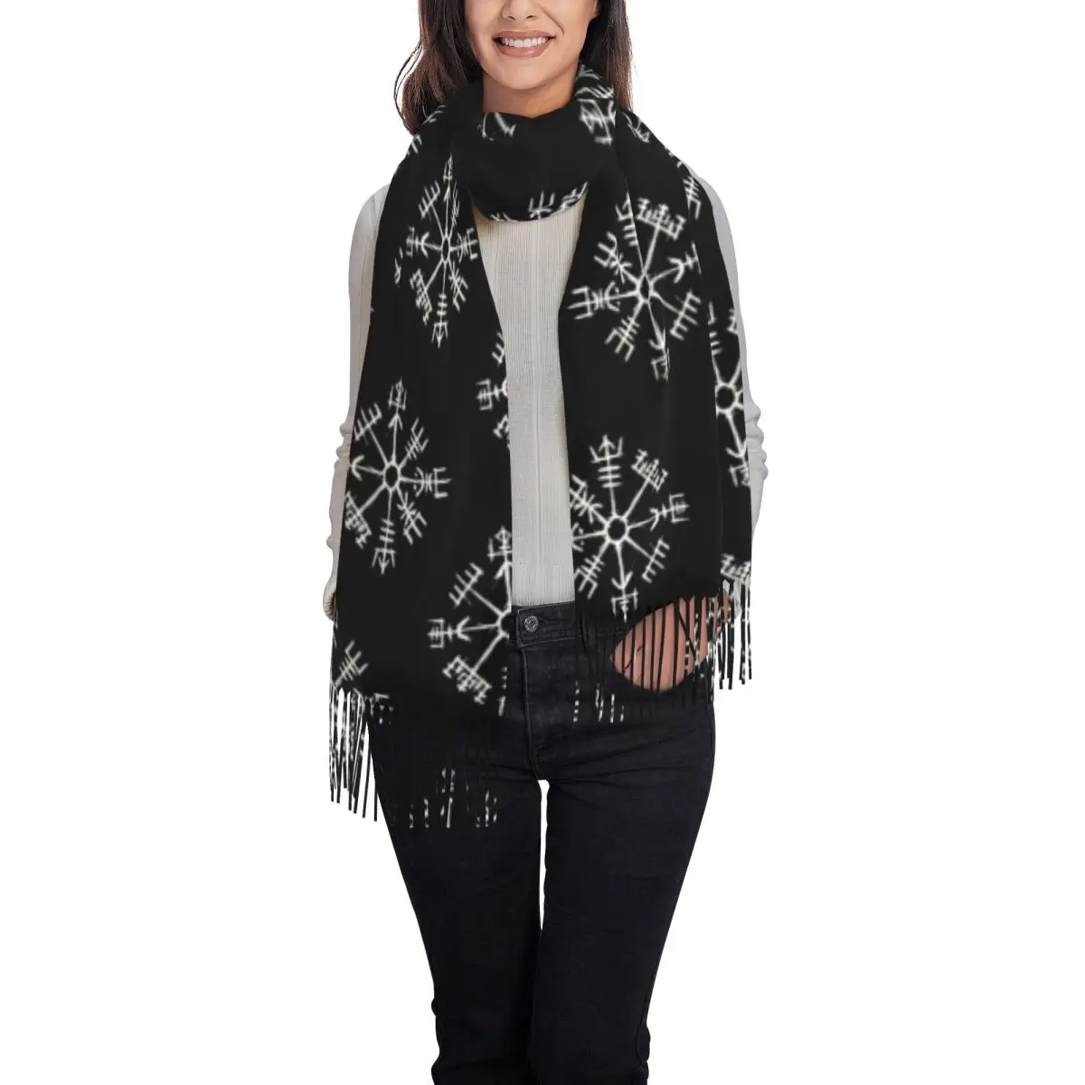 Custom Viking Compass Vegvisir Tassel Scarf Women Winter Warm Shawl Wrap Female Valhalla Norse Scarves