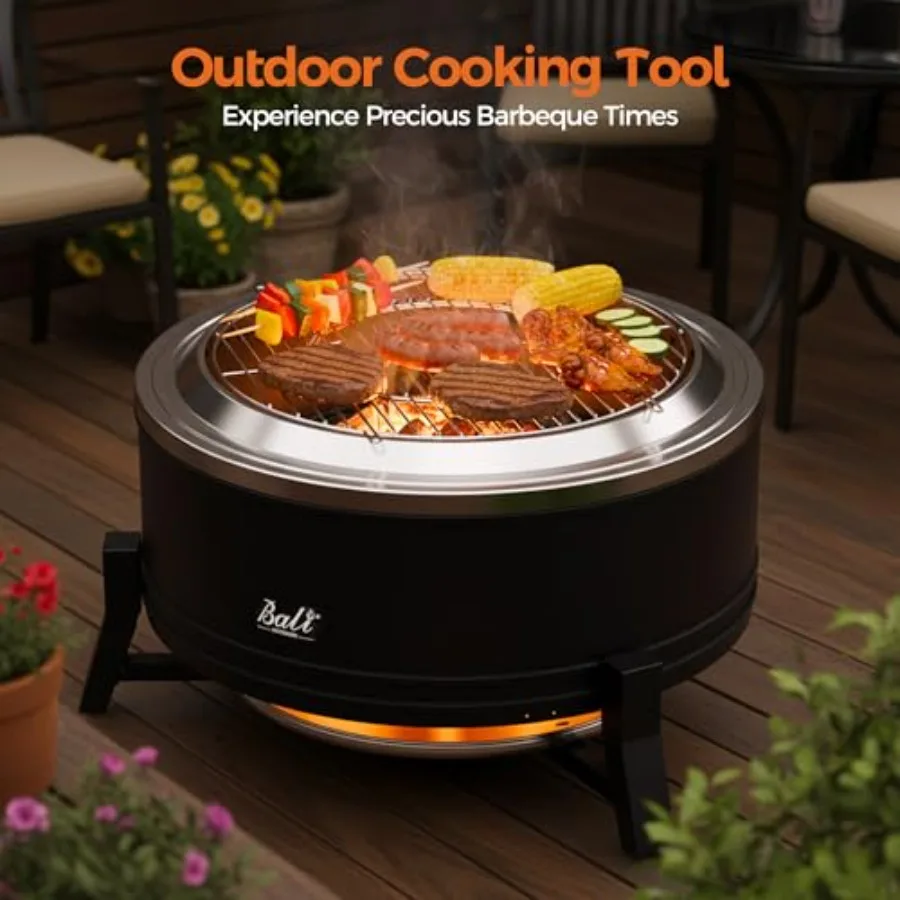 Large Outdoor Fire Pit for Smokeless Wood Burning with Grill, Steel, Black, Heavy-Duty and Dual-Function Design