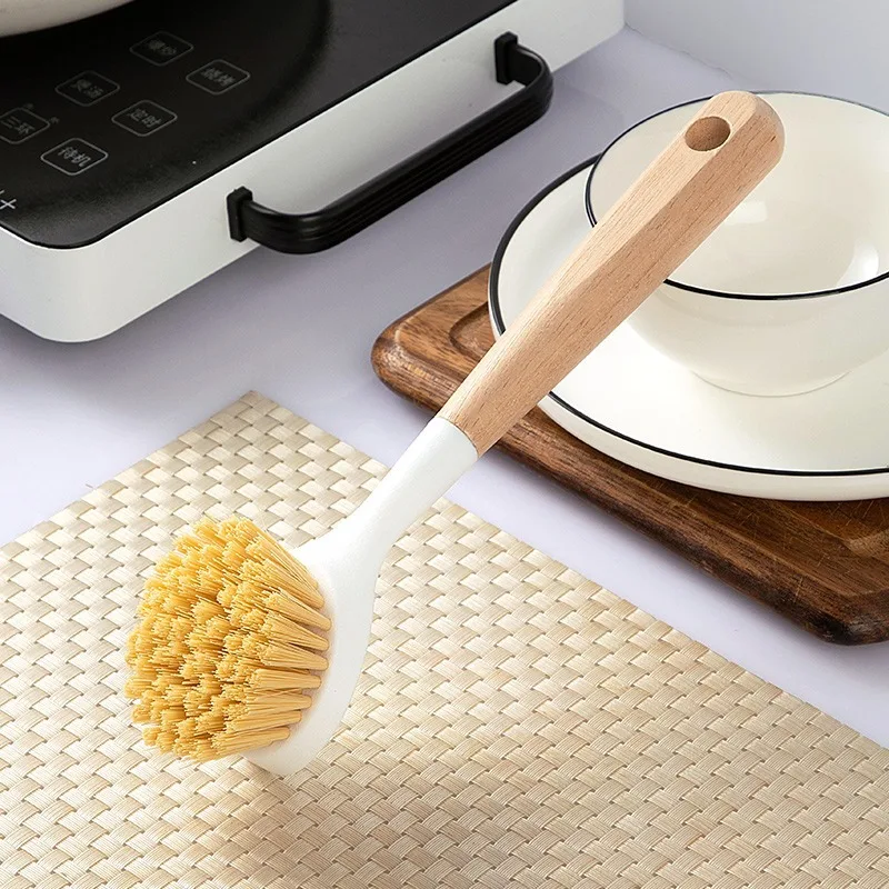 Multi Functional Long Handled Kitchen Cleaning Pot Brush with Wooden Handle, Non Greasy Pot Brush, Dish and Bowl Brush