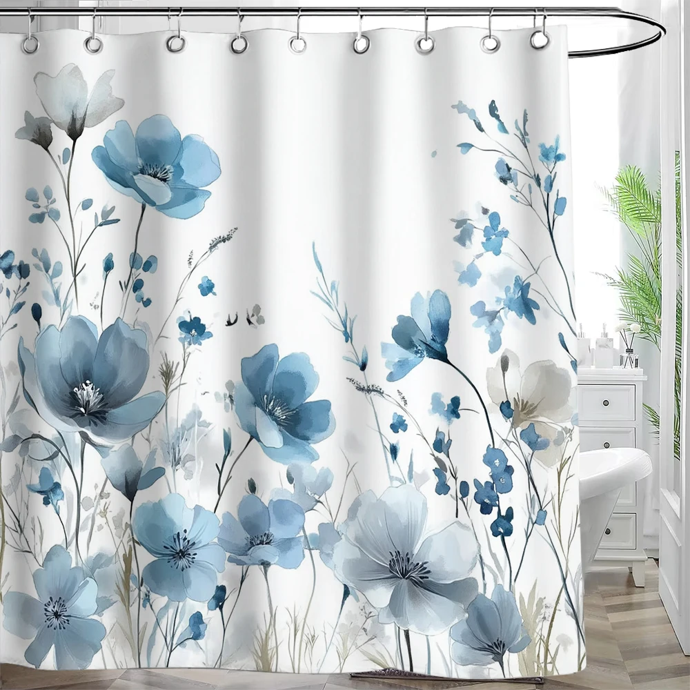 1pc Beautiful Flower Printed Waterproof Shower Curtain With 12 Plastic Hooks, Bathroom Divider, Bathroom Decor Window Curtain