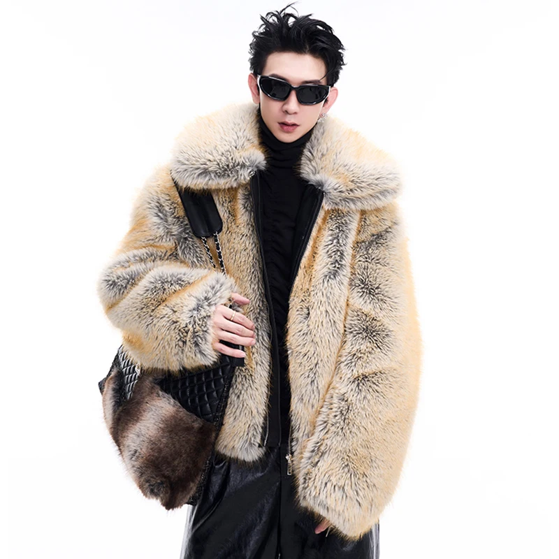 FEWQ Men's Imitation Mink Plush Thick Coat 2024 Winter New Niche Lapel Zipper Long Sleeve Trendy Male Casual Woolen Coat 24E5004