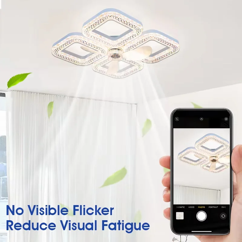 Modern Ceiling Fan with Remote Control Dimmable LED Imitation Crystal Light Silent 3 Speeds Timer Function for Bedroom Home