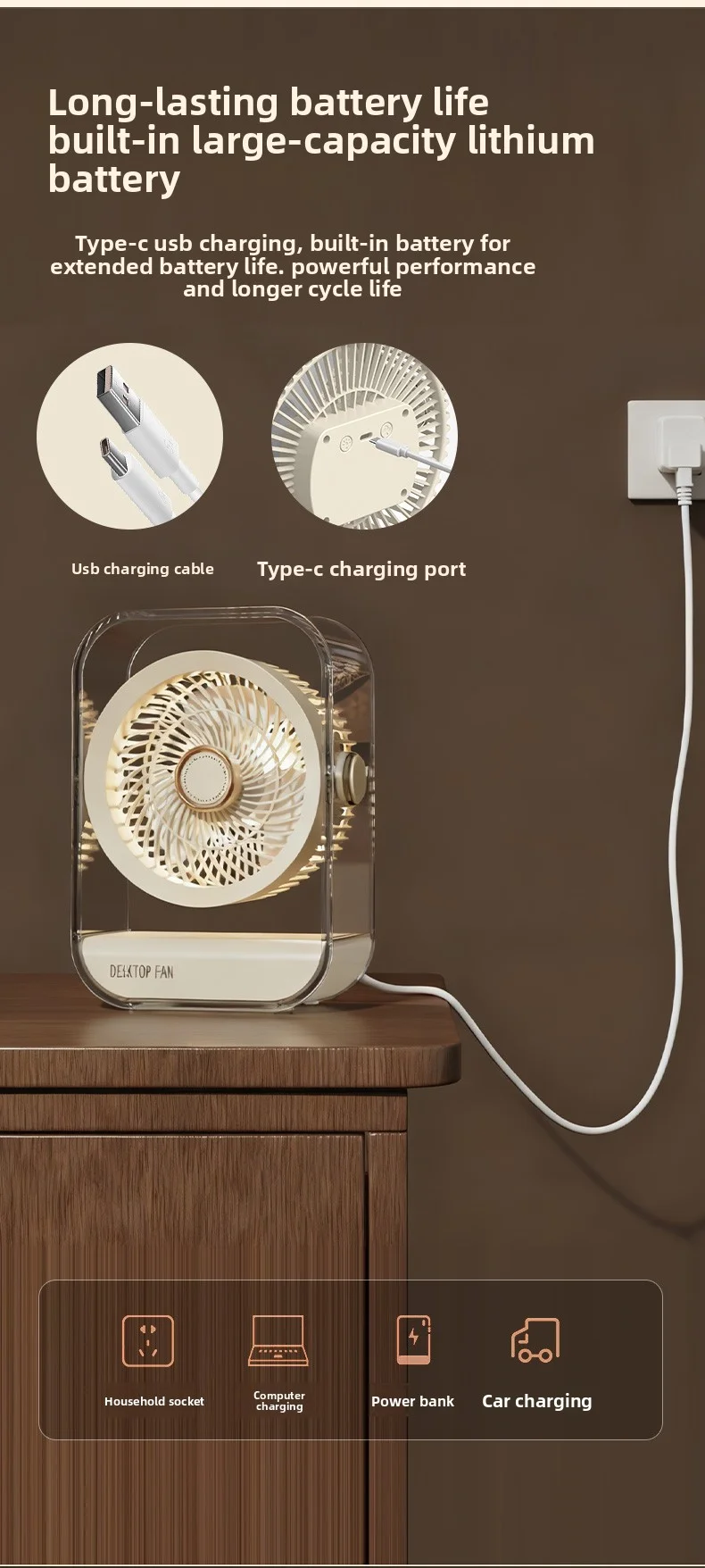 Ventilateur de bureau portable multifonction avec veilleuse led_voghion.com