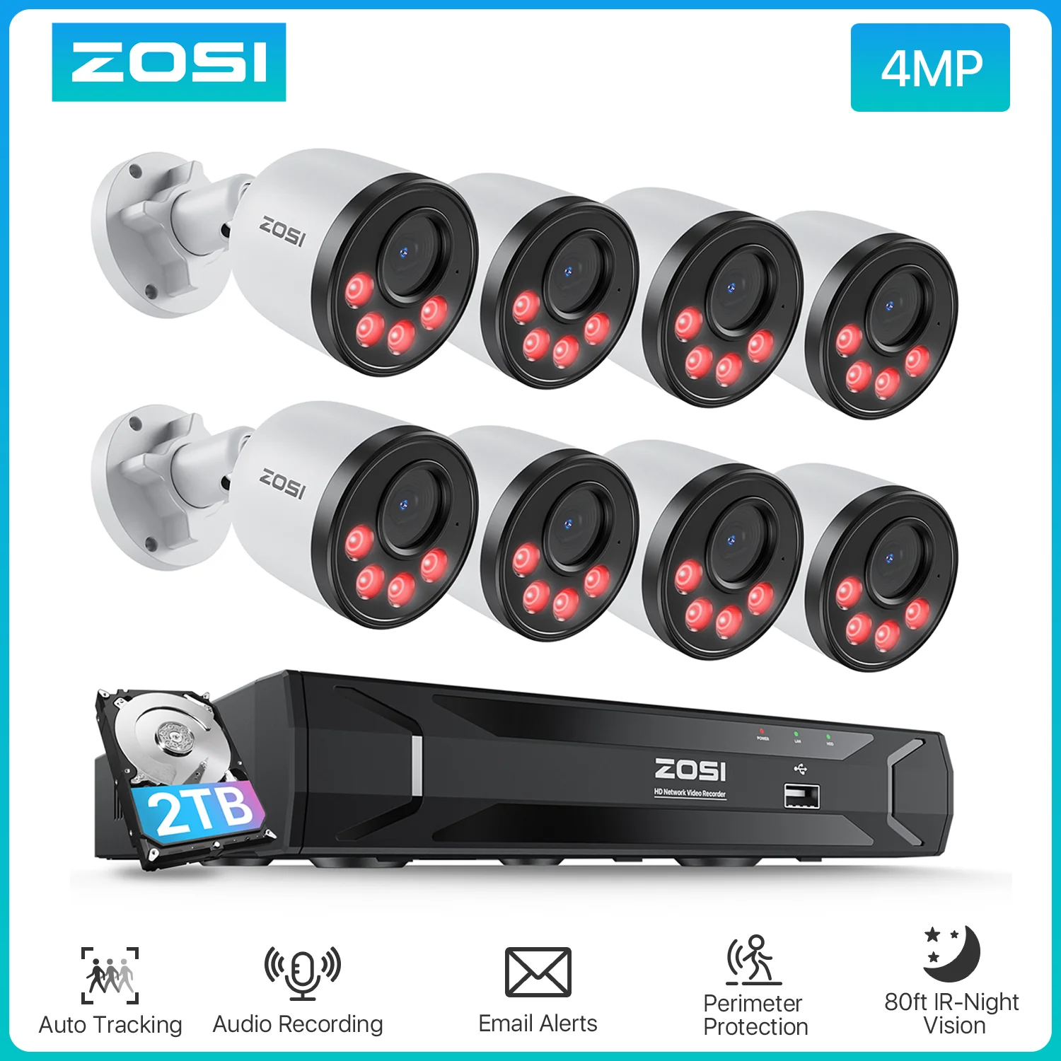 ZOSI PoE 보안 카메라 시스템, 야외 PoE IP 카메라, 25FPS CCTV 비디오 감시 키트, H.265 + 5MP, 8 채널 NVR 4MP HD 