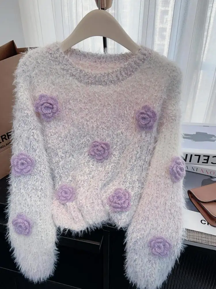 

French Women Beige Flower Decorate Pullover Mink Sweater Purple Pink Long Sleeve Round Neck Elegant Knit Tops Autumn Winter Chic