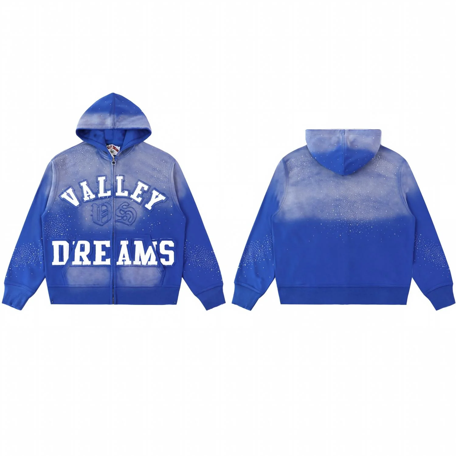 VALE FOREVER VALLEY Vintage Skull Print American High Street Casual Washed Hooded Zip Up Jacket