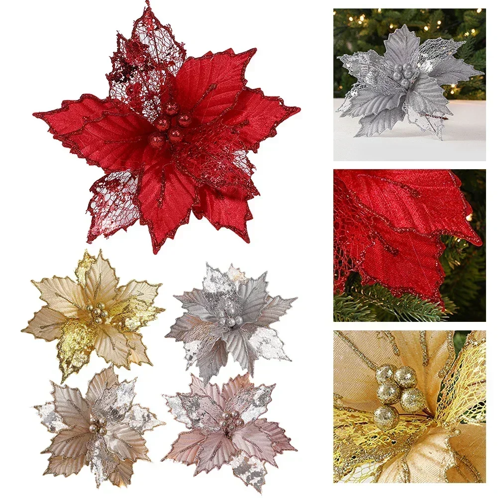 Christmas Flowers Poinsettia Glitter Artificial Flower Xmas Tree Oranment Merry Christmas Decor Natal Navidad Happy New Year